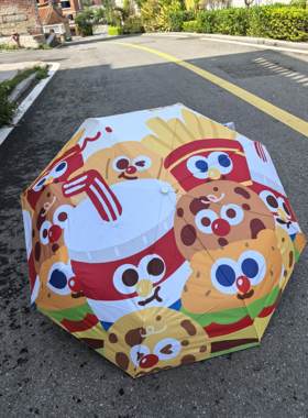 卡通汉堡薯条猫头鹰黑胶折叠全自动晴雨伞 可携式防风女生学生收