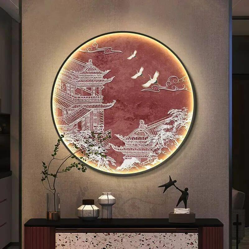 新中式圆形入户玄关装饰画LED发光画中国风客厅走廊过道茶室挂画