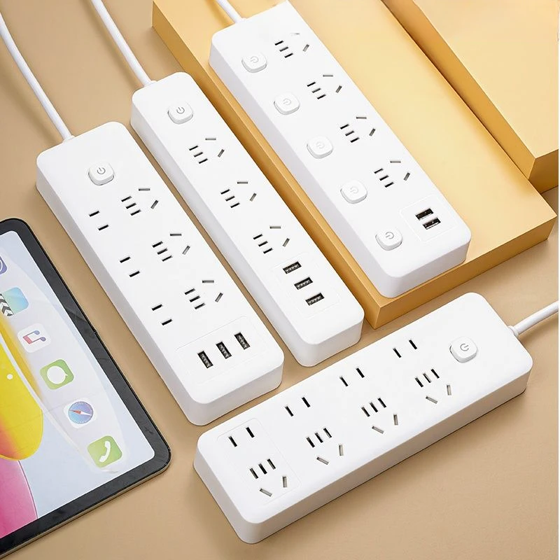 米色家用品款纯铜插座插排长线USB排插独立开关多功能多孔插板排