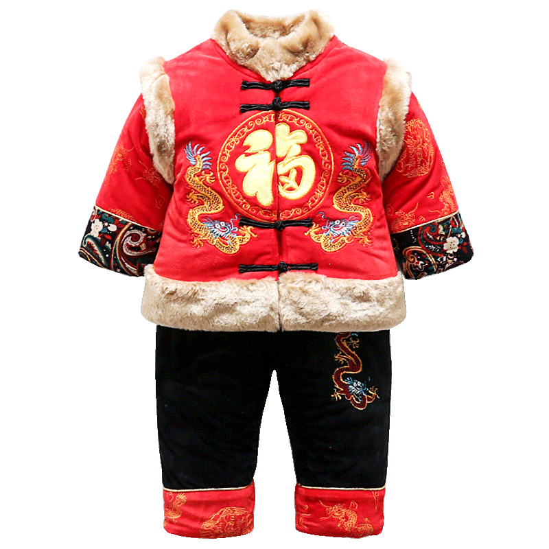 男宝宝唐装套装汉服民族风1-2-3岁男童冬装加厚棉衣喜庆过年衣服