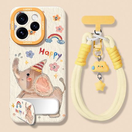 适用opporeno15pro手机壳新款女14/13pro镜子支架挂绳12por卡通可爱小象RENO11全包10/9硅胶8/7SE保护套OPPO