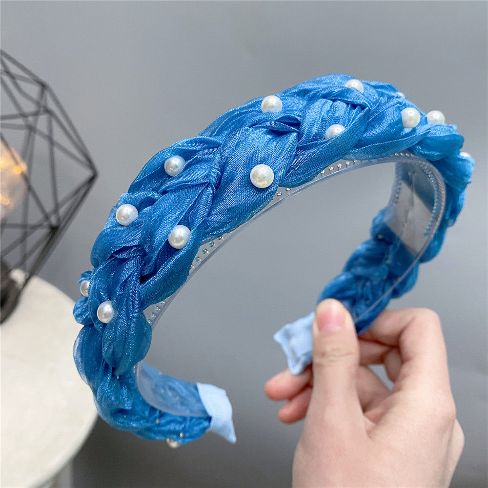 欧根纱钉珍珠麻花发箍甜美气质纯色头箍宽边森系网红发卡发饰外出