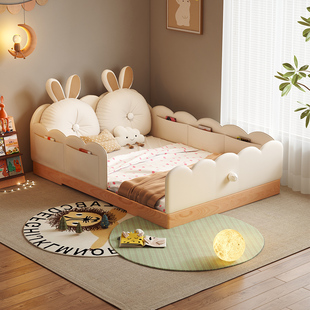 兔子地台床女孩榻榻米落地床实木小岛蒙氏地板小户型带护栏儿童床
