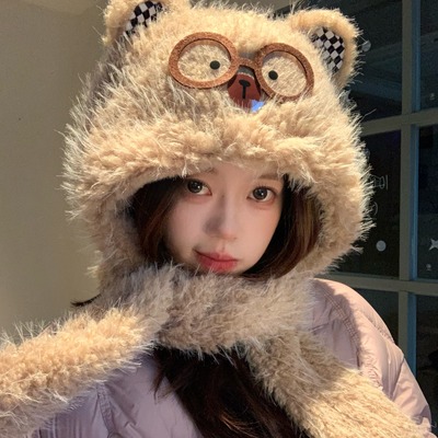 GN原创可爱猫咪眼镜毛绒帽子围巾