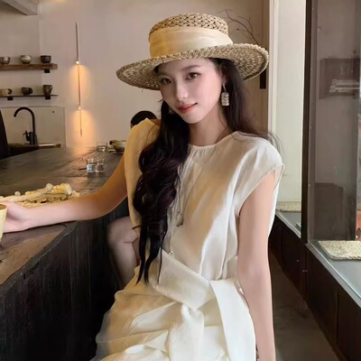 GN法式复古镂空平顶草帽女夏季老