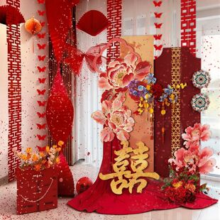 国潮牡丹kt板中式婚房布置套装结婚氛围装饰晨袍拍照区婚礼迎宾牌