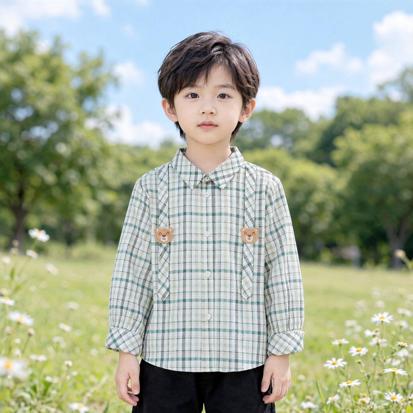 商场同款Abckids学院风卡通刺绣格子衬衫春秋款男童长袖翻领上衣