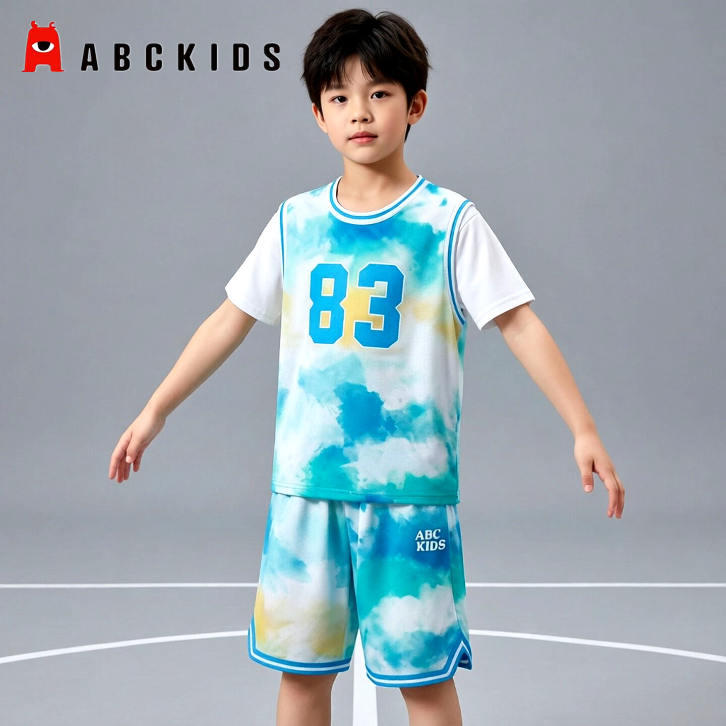 Abckids儿童篮球服套装夏季新款男童速干透气运动短袖两件套