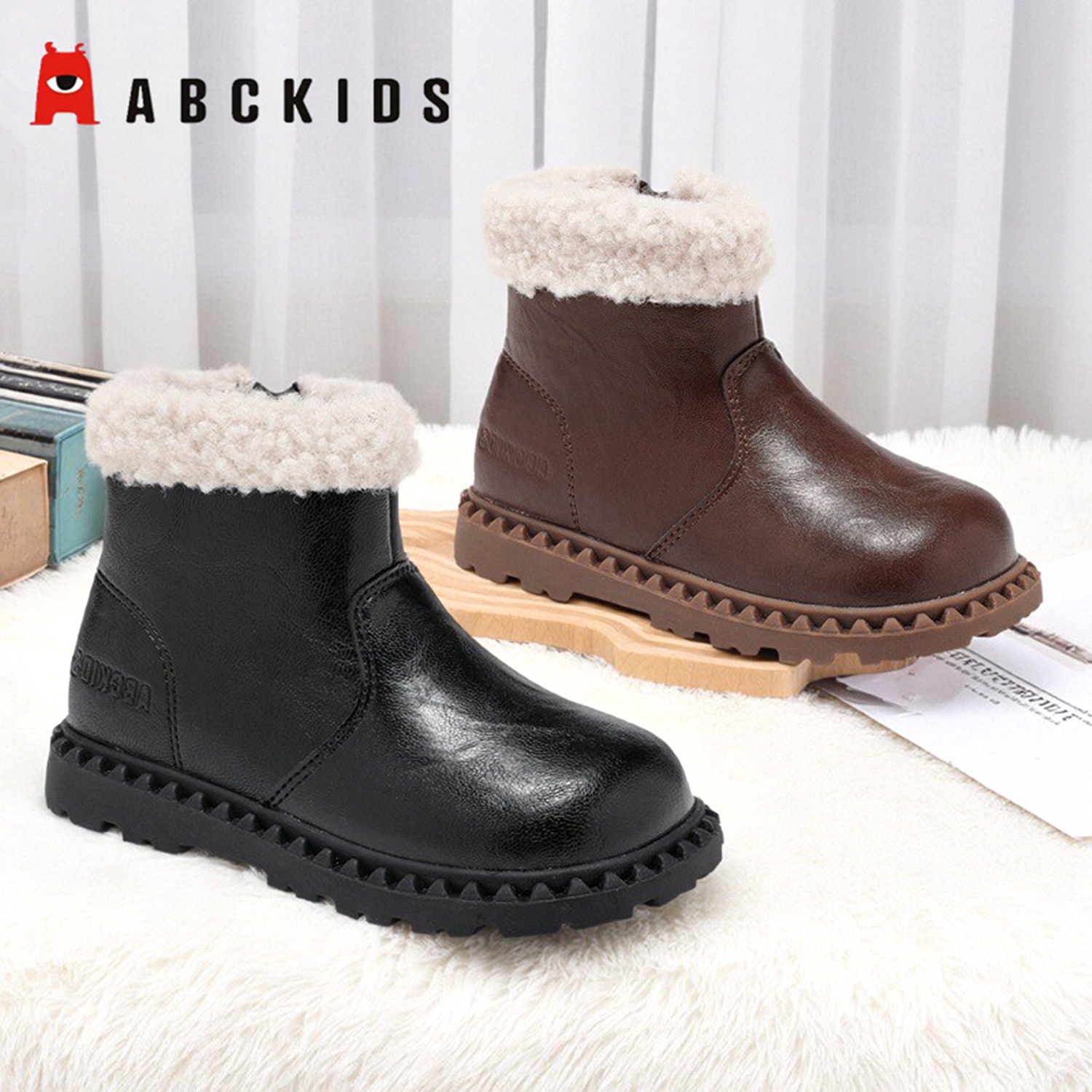 Abckids童鞋2025冬季新款儿童棉靴女童加绒加厚保暖防水马丁靴潮