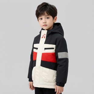 商场同款Abckids工装风拼接羽绒服男童中长款连帽加厚保暖外套