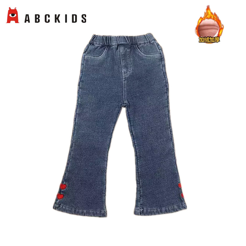 abckids童装女童喇叭裤中大儿童网红炸街牛仔裤冬加绒加厚微喇裤