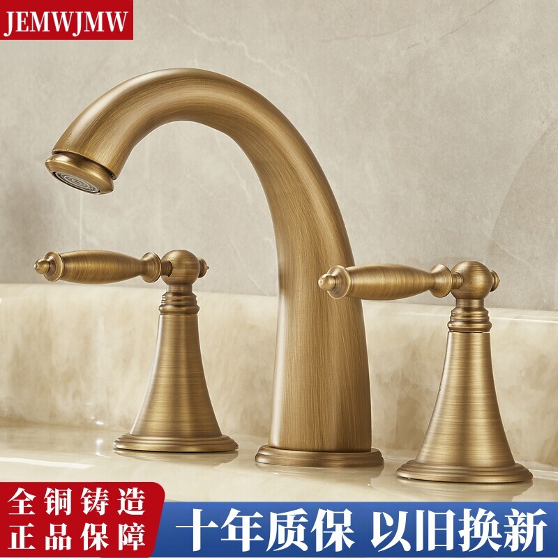 仿古全铜欧式三孔水龙头冷热洗脸盆面盆龙头卫生间分体式三件套