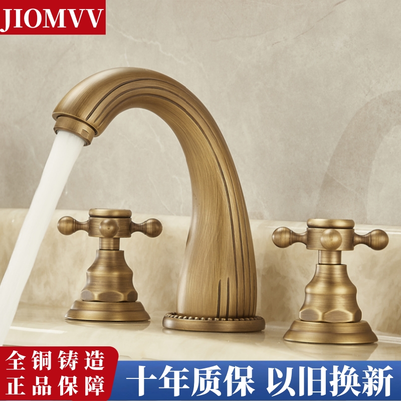 欧式仿古龙头复古三孔台下面盆水龙头分体式冷热全铜洗手盆三件套