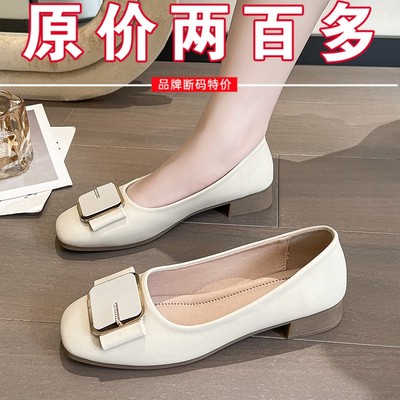 品牌真皮平底单鞋女2025秋新款法式低跟方头一脚蹬瓢鞋浅口方扣鞋