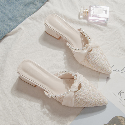 品牌鞋法式粗跟包头半托鞋女2026春夏新款小香风尖头配裙子半拖鞋