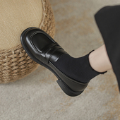 女2025秋新款 一脚蹬平底单鞋 黑色乐福鞋 品牌真皮英伦小皮鞋 豆豆鞋