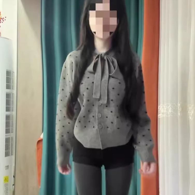 灰色波点蝴蝶结系带针织开衫女春秋冬新款设计感小众毛衣外套上衣