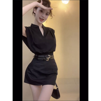 高级感气质女神范无袖V领衬衫上衣女夏+半身裙子轻熟风两件套装