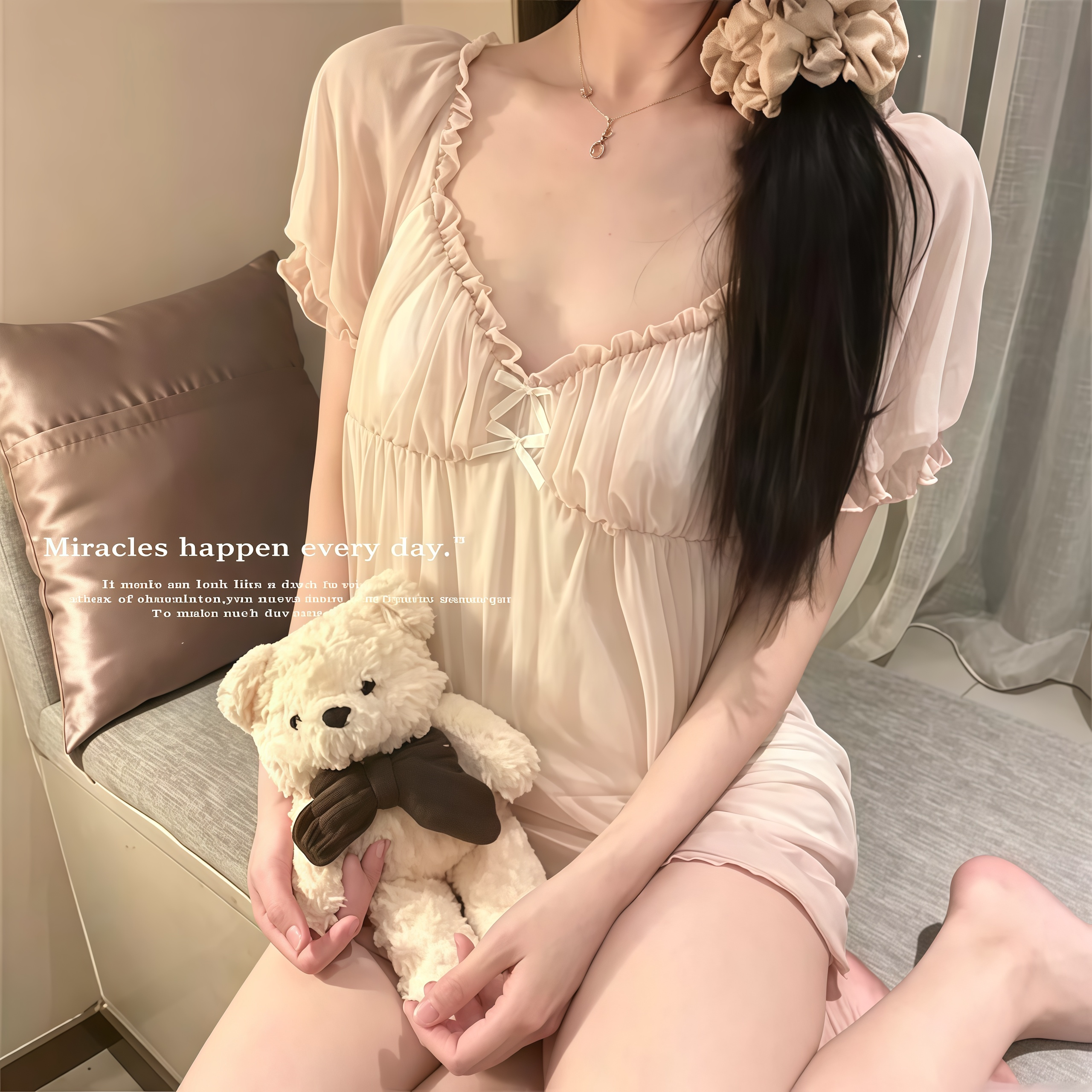 莫代尔凉感带胸垫蕾丝睡衣套装
