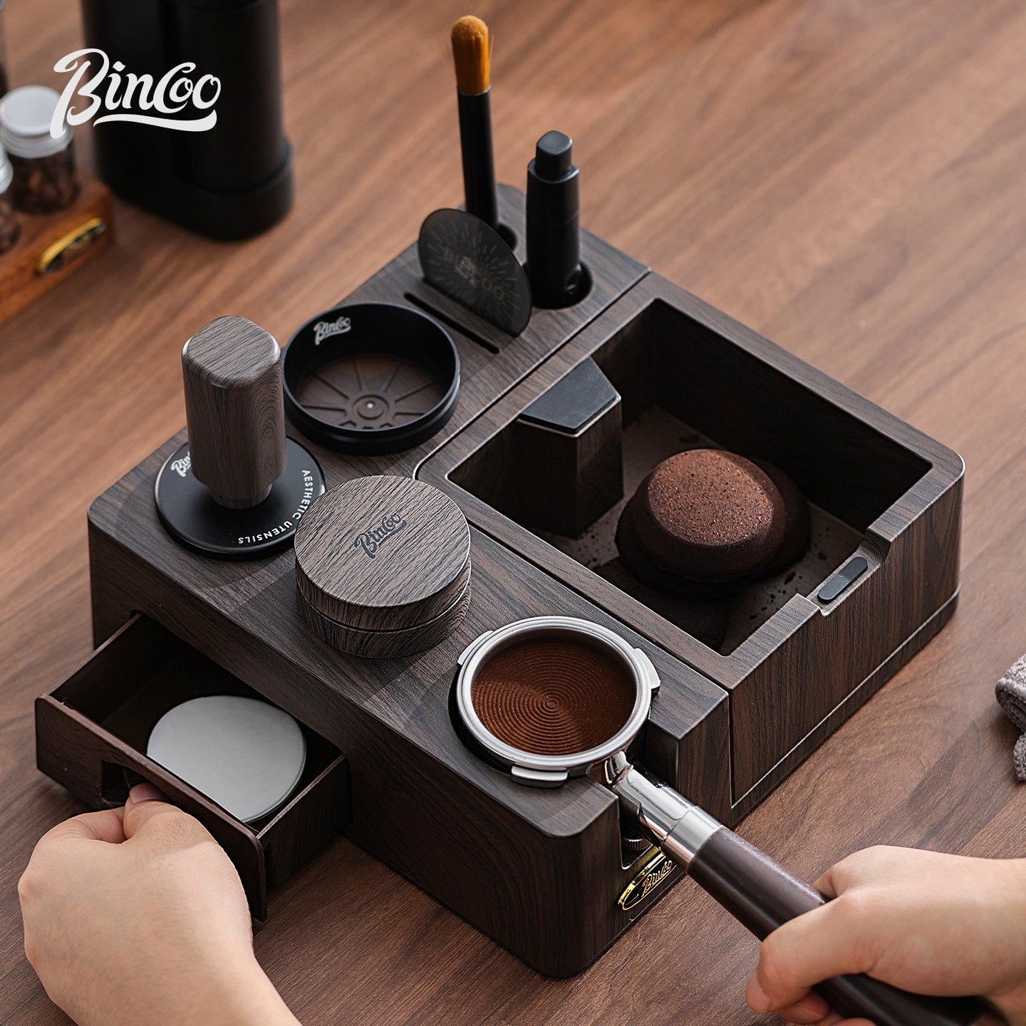 BinCoo木纹多功能压粉底座带渣盒