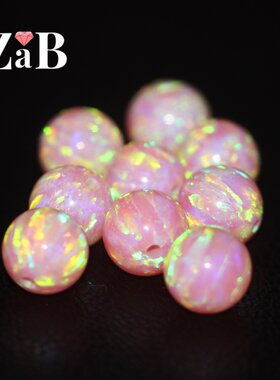 粉红欧泊石炫彩裸石戒面彩宝穿孔全孔手串珠子合成澳宝球形圆珠