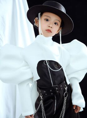 儿童走秀礼帽绒布帽子跳舞链子潮帽摄影棚拍照写真黑色时尚演出帽