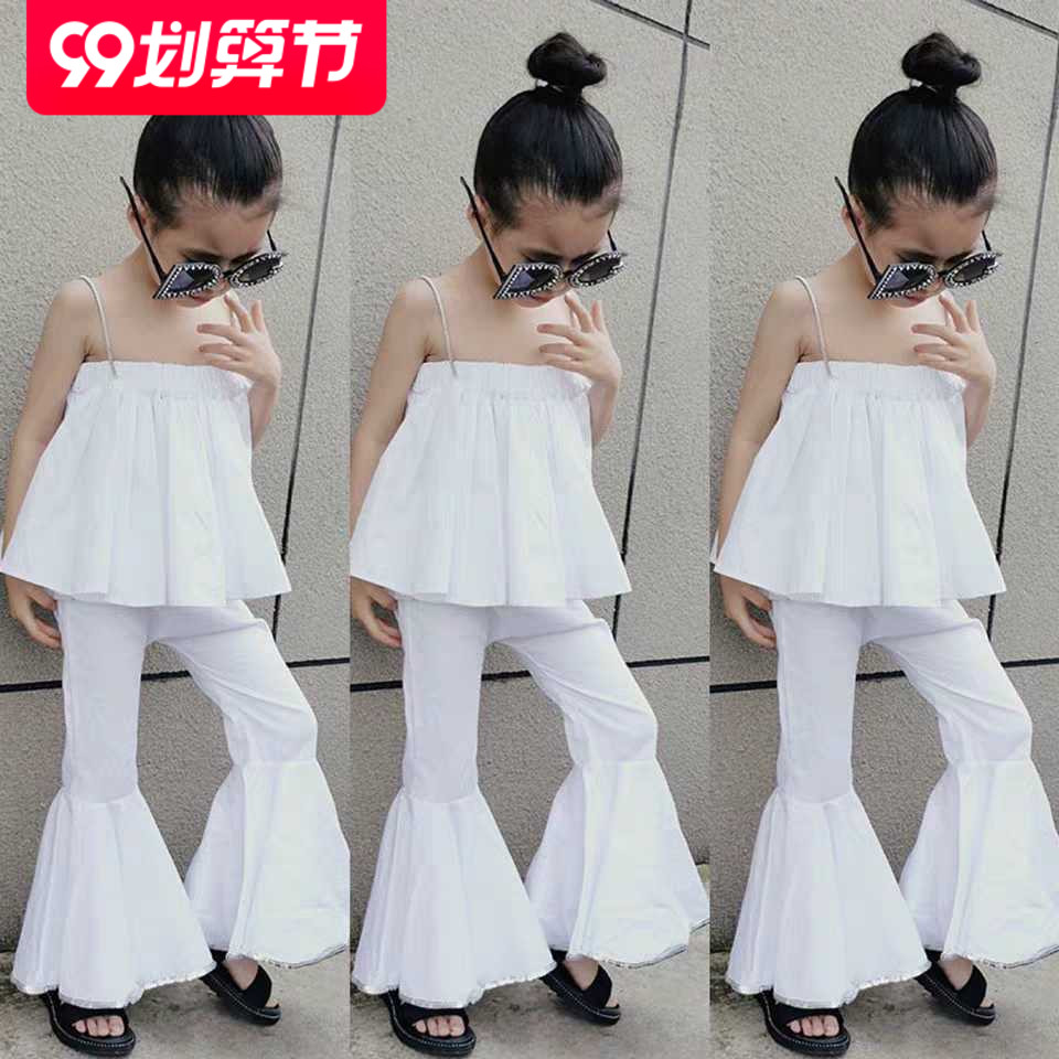 女童喇叭裤白色吊带复古