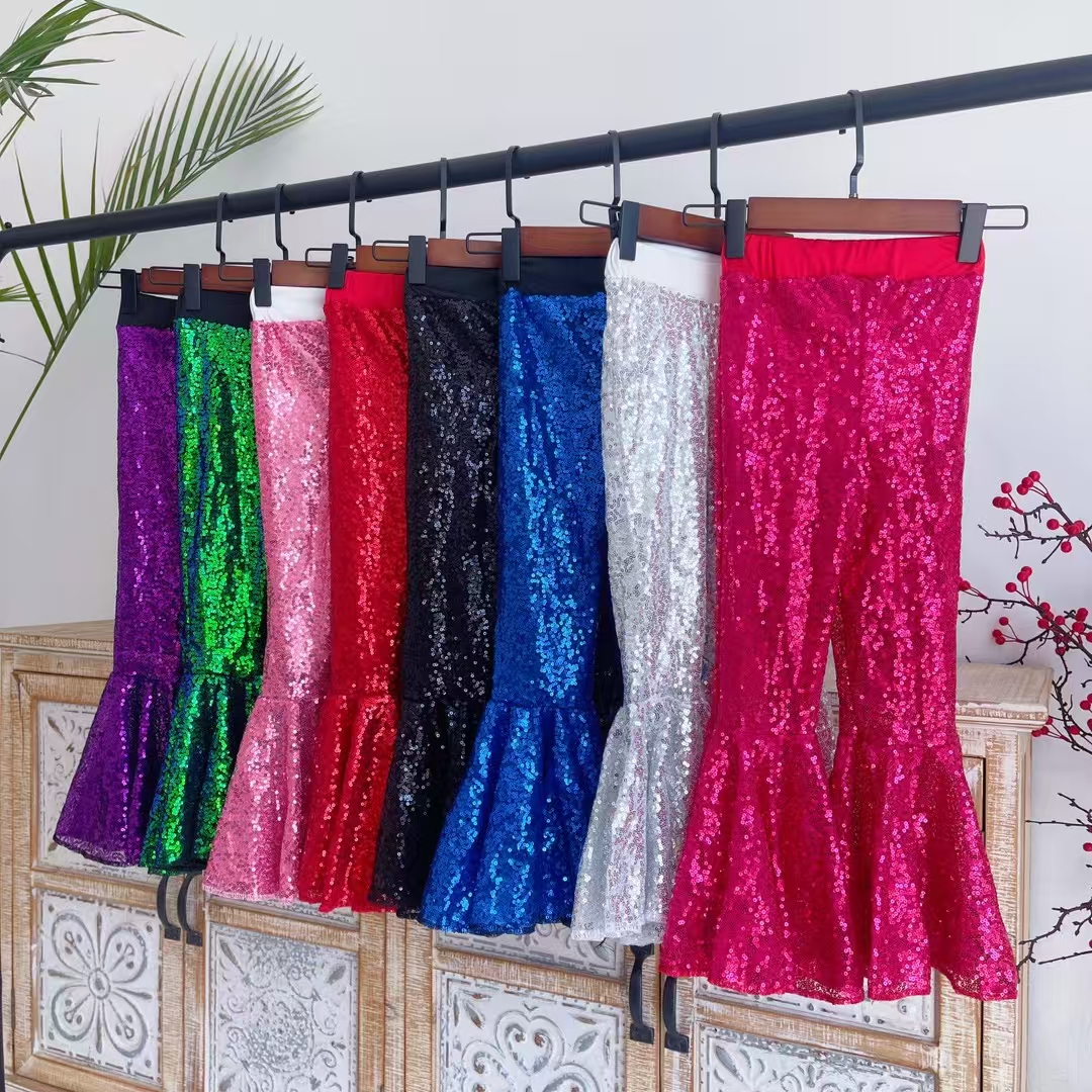 亲子装女童走秀复古港风7080亮片喇叭裤六一儿童节大团队演出潮服