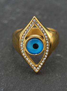 跨境爆款钛钢戒指土耳其眼睛镶钻男士个性戒指镶钻天使之眼戒指