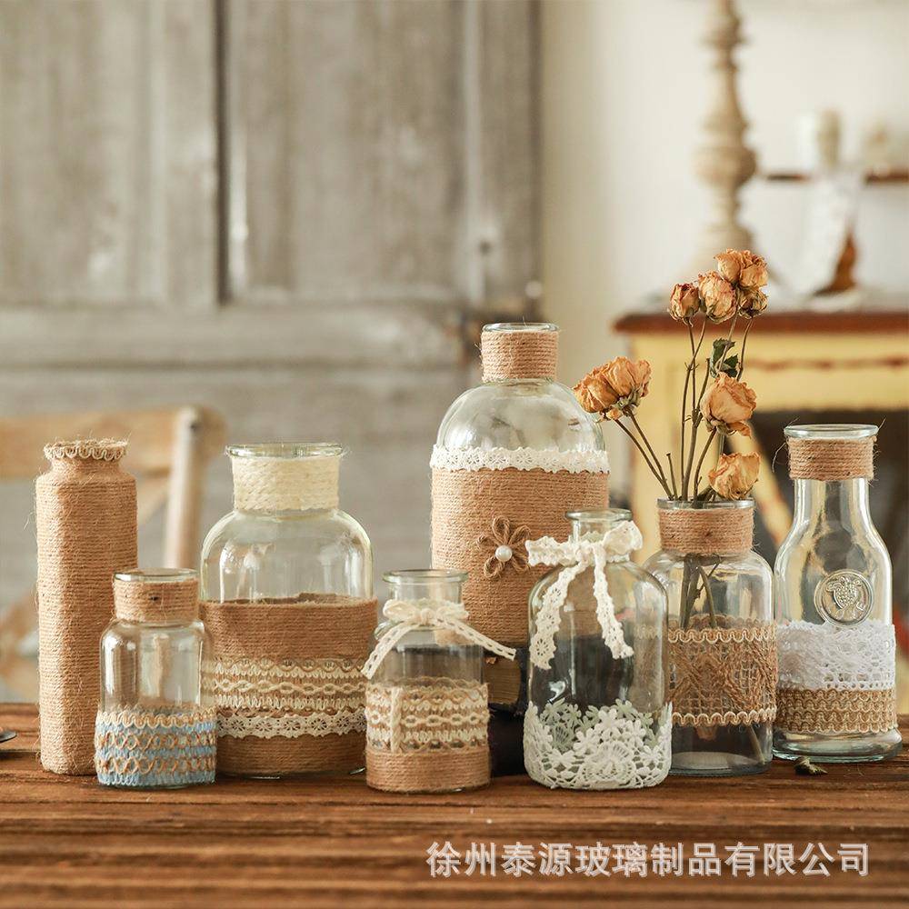 跨境麻绳透明玻璃花瓶复古手工大花瓶