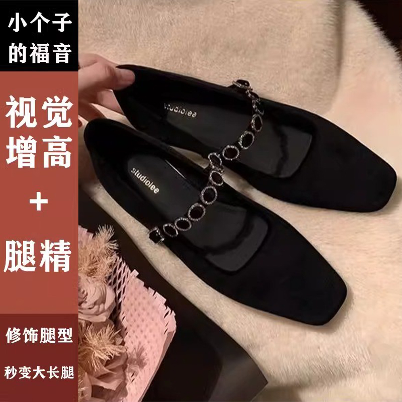 2025春秋新款法式方头浅口高跟鞋一字钻带低跟绒面玛丽珍单鞋女