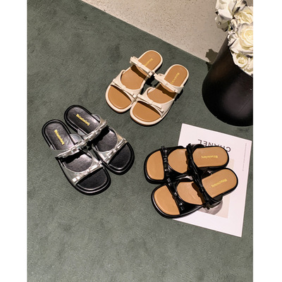法式蝴蝶结拖鞋女夏外穿露趾沙滩平底凉拖配裙子懒人一字拖女鞋