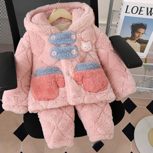 女童家居服儿童三层夹棉睡衣套装连帽加绒加厚韩版冬款韩版宝宝新