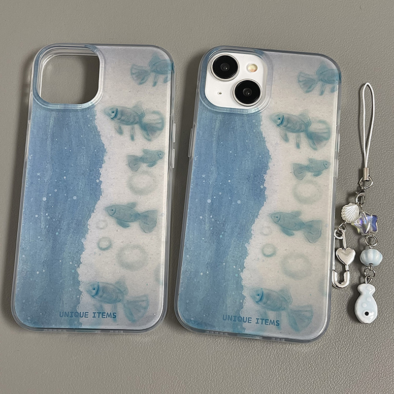 夏日海洋泡泡小鱼适用苹果13手机壳iPhone15promax新款14女12光面双层imd全包16防摔13pro挂饰14promax高级感