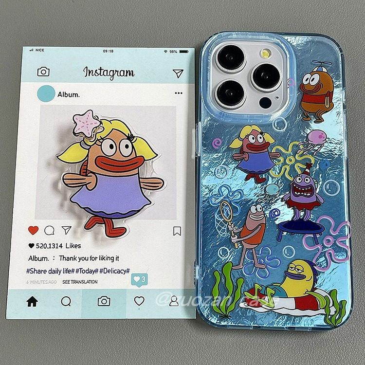 小众可爱卡通比奇堡居民鱼适用苹果16promax手机壳iphone15pro新款14带支架13女16锡纸纹双层全包防摔手机套,3C数码配件,手机保护套/壳,淘宝优惠券,粉丝福利购,淘宝优惠卷