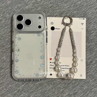 ins韩风透明围边银色星星雪花适用苹果17promax手机壳iphoen16pro新款 15带挂绳14女13双层17全包防摔手机套