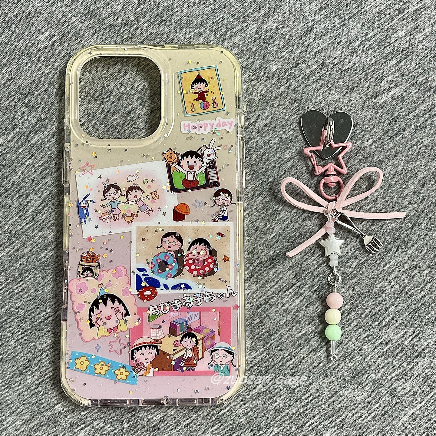 日系可爱卡通樱桃小丸子适用苹果16promax手机壳iphone15pro新款14高级感闪粉13女16pro双层全包防摔手机套
