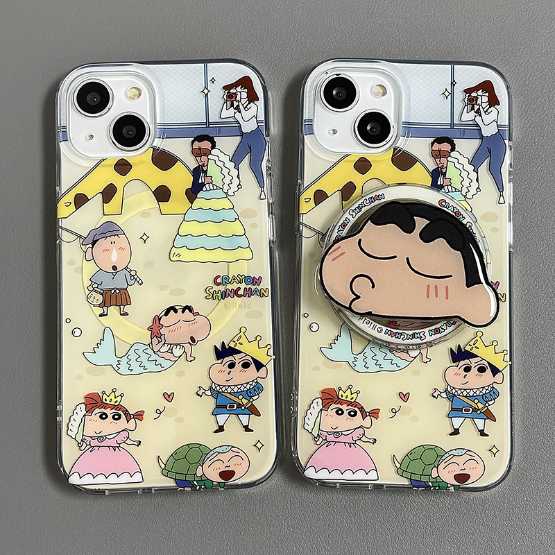 磁吸卡通沙滩派对蜡笔小新支架适用iPhone15手机壳苹果13/14新款12少女16pro双层图案14promax全包防摔保护套