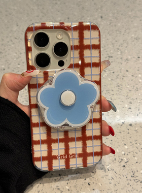 磁吸ins韩风简约红蓝色格纹适用苹果16pro手机壳新款iphone15promax外壳14max女13花朵支架16全包防摔保护套
