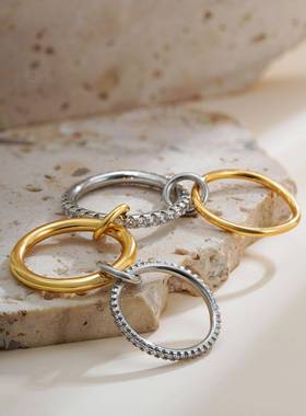 亚马逊堆叠三连环微镶锆石戒指跨境18K金叠戴轻奢男女款个性指环