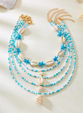 欧美跨境新款多层项链女时尚百搭夏季海星贝壳海螺米珠项链5件套