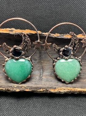 跨境欧美复古风绿东陵粉晶拉长石日月星辰款古铜毛衣链项链吊坠