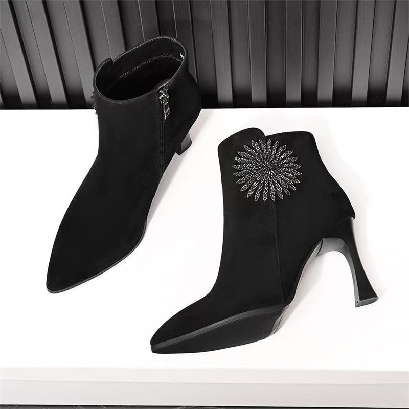 磨砂高跟短靴女2025年新款秋冬季尖头细跟皮鞋通勤单靴绒面马丁靴