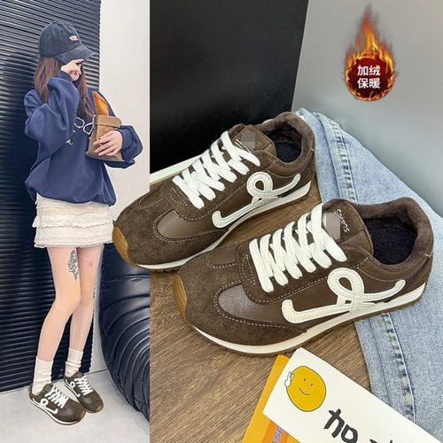 韩版复古厚底运动德训鞋女2025年秋冬新款网红休闲加绒保暖小白鞋
