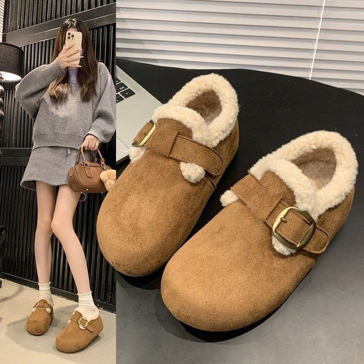 厚底内增高休闲包头半拖鞋女外穿2025冬系新款一脚蹬加绒勃肯棉鞋