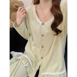 春秋新款羊绒睡衣女薄款小清新蕾丝边长袖长款家居服套装冬季暖和