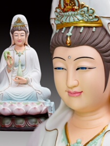 莫秀源德化白瓷加彩坐莲南海观音菩萨佛像家拜陶瓷家居摆件