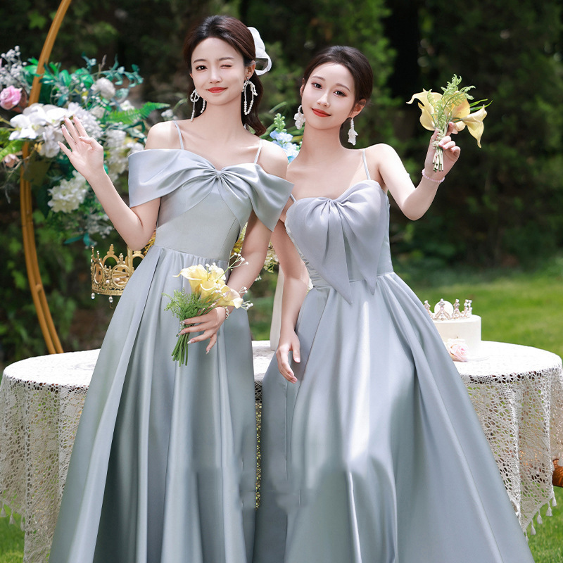 2025新款缎面伴娘服气质优雅姐妹团礼服裙蓝灰色日常可穿连衣裙