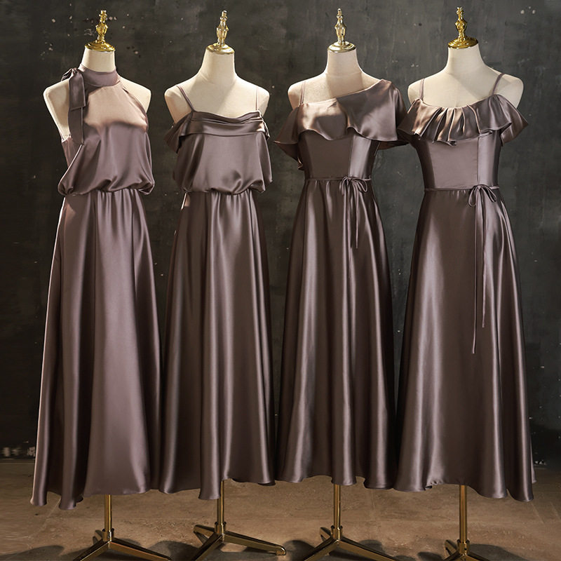 紫色伴娘服2026新款秋冬姐妹团小众高级感缎面晚礼服长裙平时可穿