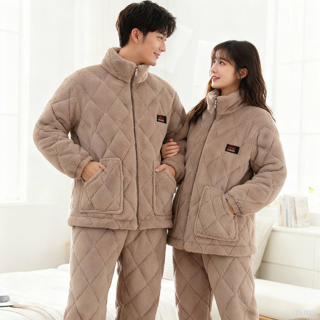 加厚防寒家居服冬季加绒保暖情侣睡衣棉服打底衫可外穿小棉袄套装